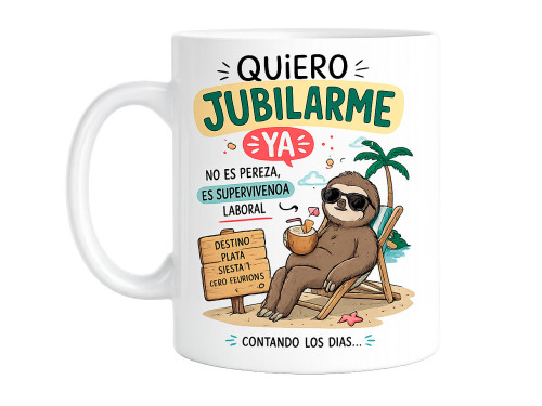 Taza blanca Quiero jubilarme ya con perezoso descansando en una tumbona en la playa.