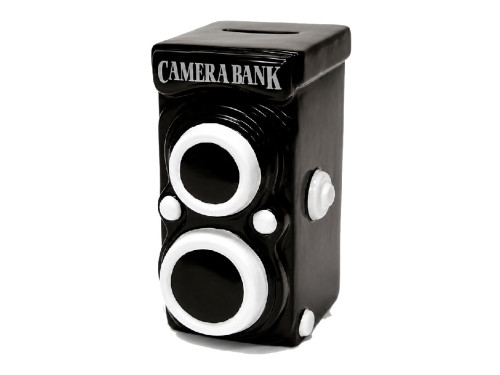 Hucha de cerámica con forma de cámara fotográfica retro en color negro y gris.