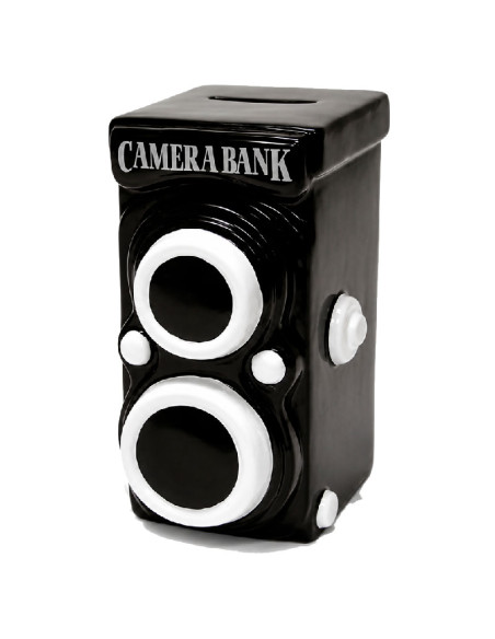 Hucha de cerámica con forma de cámara fotográfica retro en color negro y gris.