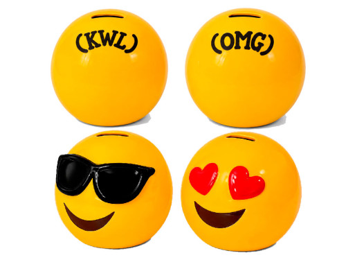 Huchas de cerámica amarillas con forma de emoticono, disponibles con gafas y ojos de corazón.