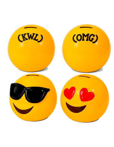 Huchas de cerámica amarillas con forma de emoticono, disponibles con gafas y ojos de corazón.