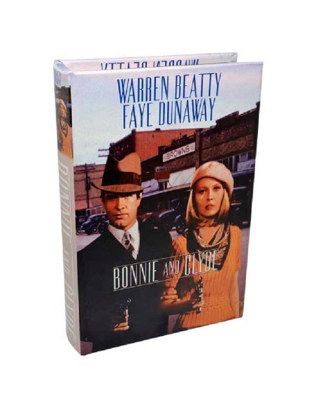Caja de seguridad con forma de libro Bonnie and Clyde, compartimento metálico interior y cerradura con llave.