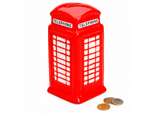 Hucha de cerámica roja con forma de cabina telefónica londinense.