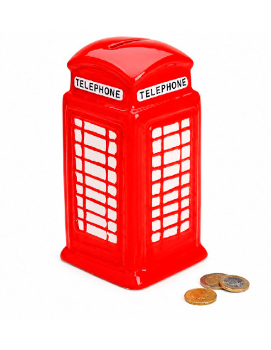 Hucha de cerámica roja con forma de cabina telefónica londinense.