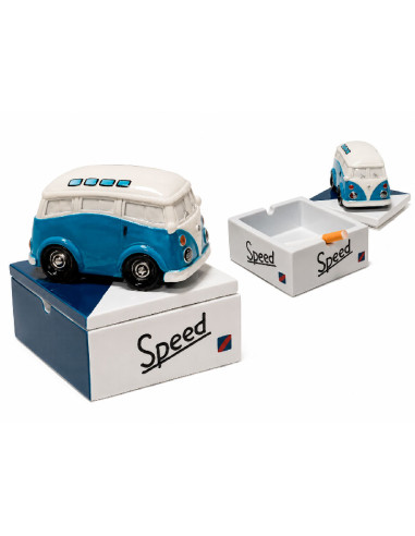 Cenicero de cerámica con forma de furgoneta hippie camper en color azul y blanco con tapa desmontable