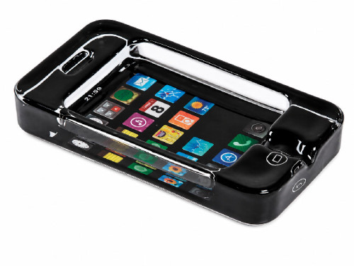 Cenicero de cristal rectangular con forma de smartphone negro y pantalla de aplicaciones estilo iPhone