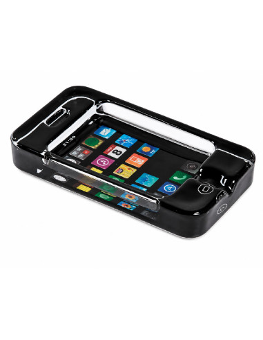 Cenicero de cristal rectangular con forma de smartphone negro y pantalla de aplicaciones estilo iPhone