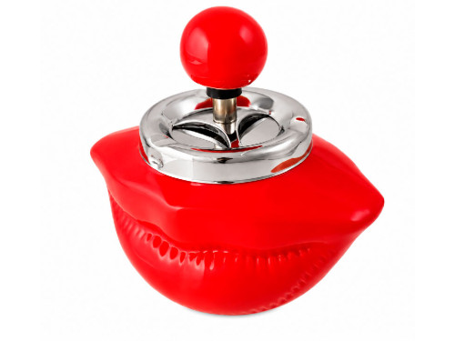 Cenicero de cerámica roja con forma de labios carnosos y pulsador metálico giratorio en la parte superior