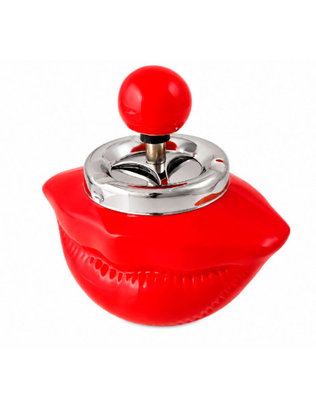 Cenicero de cerámica roja con forma de labios carnosos y pulsador metálico giratorio en la parte superior
