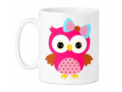 Taza de cerámica blanca con ilustración de una pareja de búhos de colores verde menta y rosa fucsia estampados a ambos lados 2