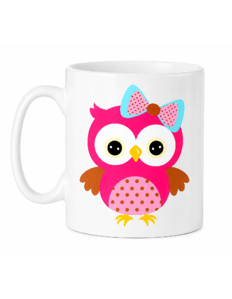 Taza de cerámica blanca con ilustración de una pareja de búhos de colores verde menta y rosa fucsia estampados a ambos lados