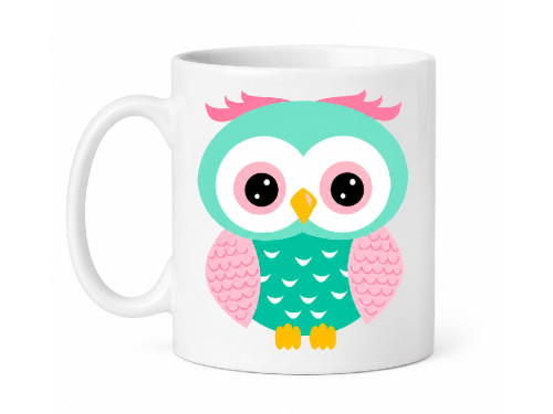 Taza de cerámica blanca con ilustración de una pareja de búhos de colores verde menta y rosa fucsia estampados a ambos lados