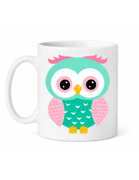 Taza de cerámica blanca con ilustración de una pareja de búhos de colores verde menta y rosa fucsia estampados a ambos lados