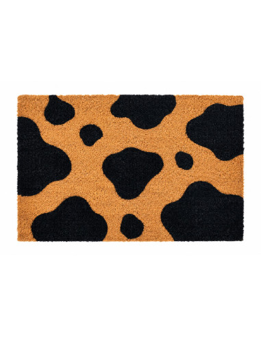 Felpudo de fibra de coco natural con estampado de manchas negras de vaca sobre base antideslizante de PVC