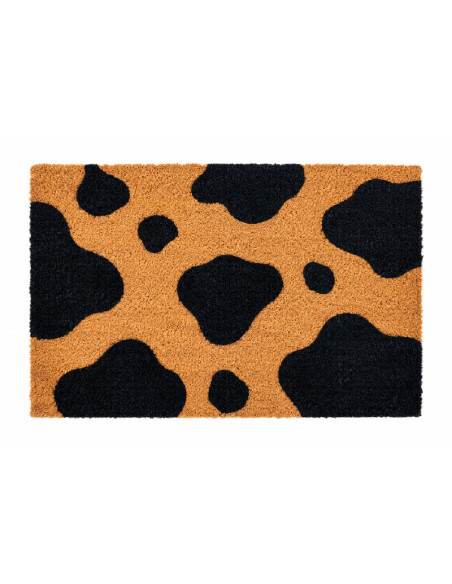 Felpudo de fibra de coco natural con estampado de manchas negras de vaca sobre base antideslizante de PVC