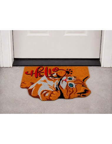 Felpudo de fibra de coco natural con dibujo de un gato naranja tumbado y la palabra Hello en la entrada de casa