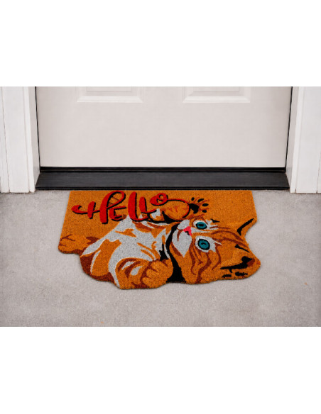 Felpudo de fibra de coco natural con dibujo de un gato naranja tumbado y la palabra Hello en la entrada de casa
