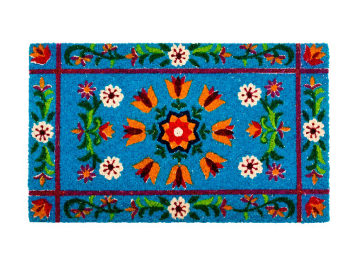 Felpudo de fibra de coco natural azul con diseño floral y mandala multicolor sobre base antideslizante de PVC