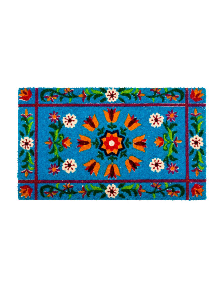 Felpudo de fibra de coco natural azul con diseño floral y mandala multicolor sobre base antideslizante de PVC
