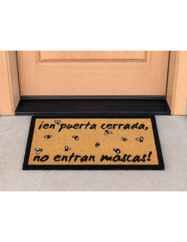 Felpudo ¡En puerta cerrada no entran moscas! en la puerta