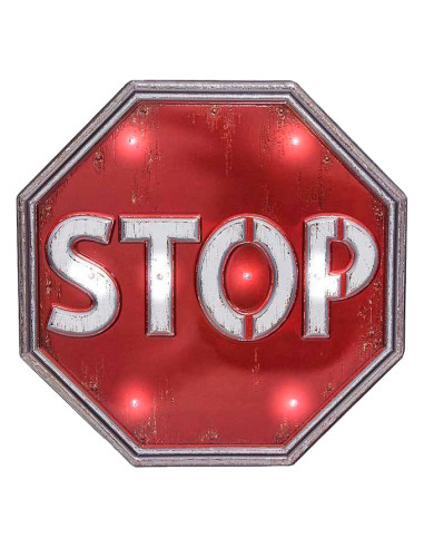 Rótulo luminoso rojo con forma de señal STOP y luces LED decorativas.