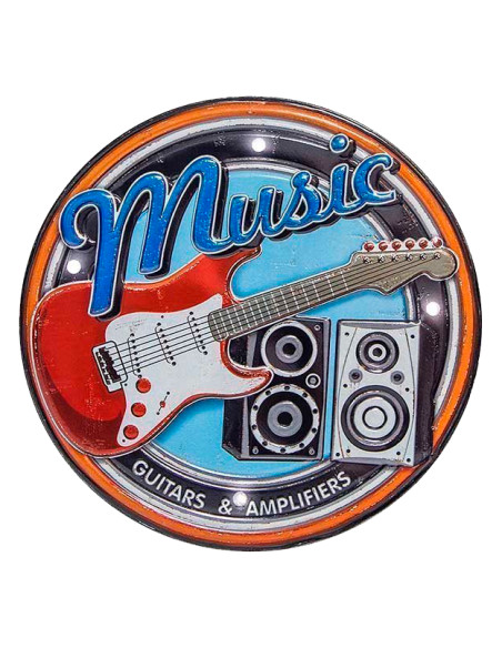 Rótulo redondo Music con guitarra, altavoces y ocho luces LED decorativas.