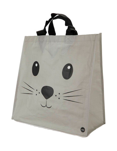 Bolsa de la compra reutilizable gris con diseño de gato, bolsillo interior y asas negras.