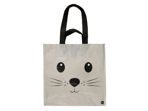 Bolsa de la compra reutilizable gris con diseño de gato, bolsillo interior y asas negras.