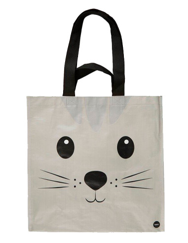 Bolsa de la compra reutilizable gris con diseño de gato, bolsillo interior y asas negras.