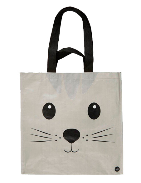 Bolsa de la compra reutilizable gris con diseño de gato, bolsillo interior y asas negras.