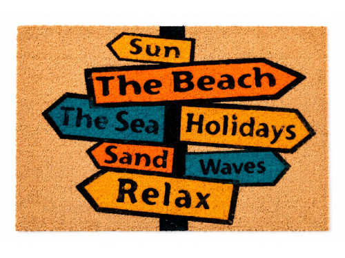 Felpudo Vacaciones con cartel de flechas de colores y palabras relacionadas con playa, mar y relax.