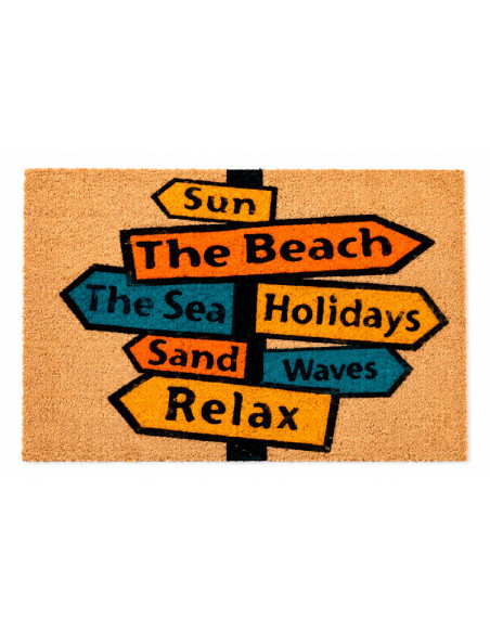 Felpudo Vacaciones con cartel de flechas de colores y palabras relacionadas con playa, mar y relax.