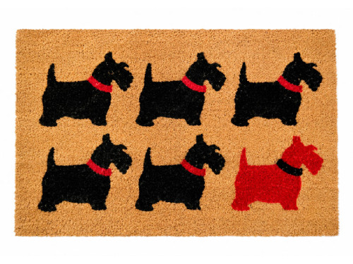 Felpudo con estampado de varios perritos en negro y rojo sobre fondo natural.