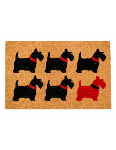 Felpudo con estampado de varios perritos en negro y rojo sobre fondo natural.