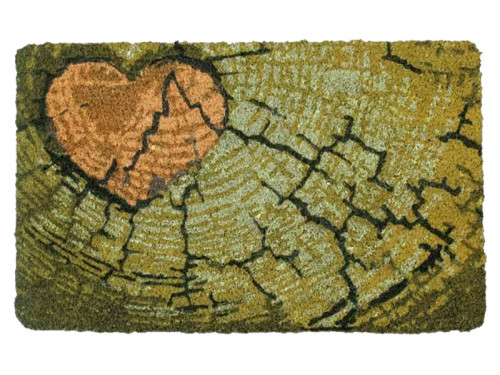 Felpudo con diseño de corazón agrietado sobre fondo efecto madera envejecida.