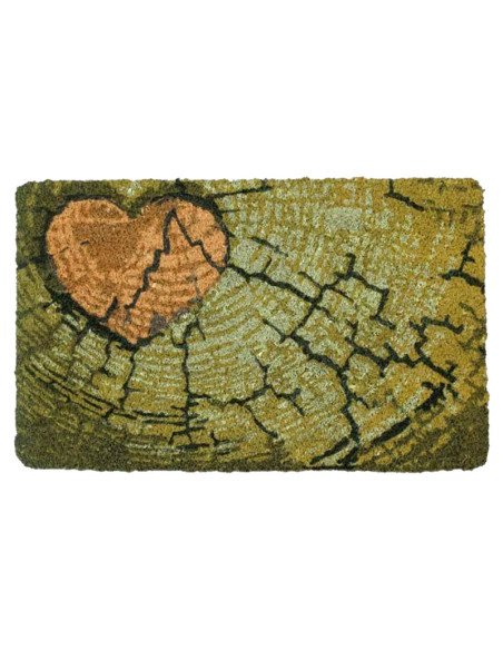 Felpudo con diseño de corazón agrietado sobre fondo efecto madera envejecida.