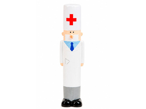 Hucha de cerámica con forma de médico y gorro con cruz roja.