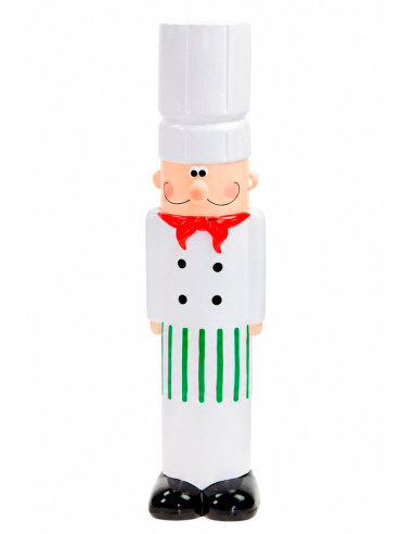 Hucha de cerámica con forma de cocinero y gorro blanco.