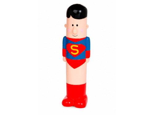 Hucha de cerámica inspirada en Superman con traje rojo y azul.