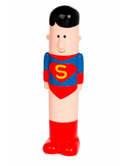 Hucha de cerámica inspirada en Superman con traje rojo y azul.