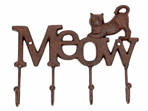 Colgador de hierro con palabra Meow, diseño de gato y cuatro ganchos.