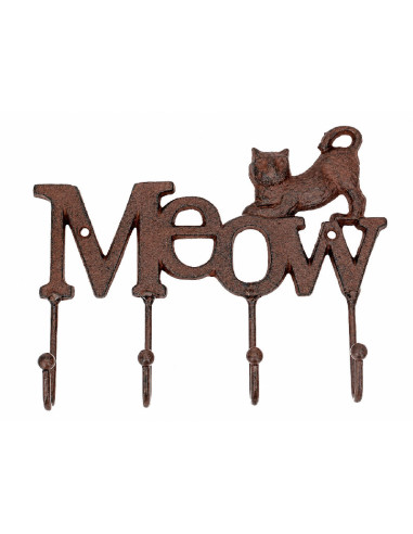 Colgador de hierro con palabra Meow, diseño de gato y cuatro ganchos.