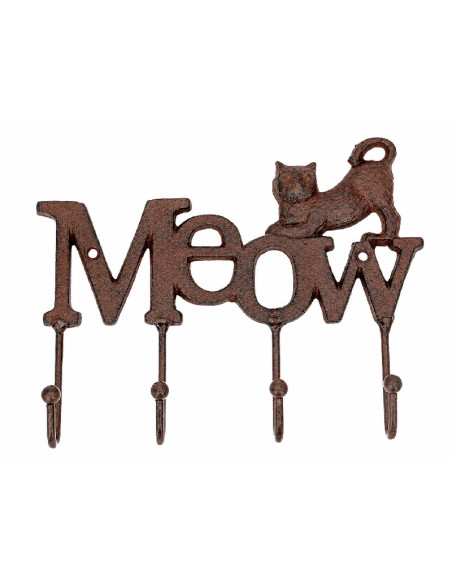 Colgador de hierro con palabra Meow, diseño de gato y cuatro ganchos.