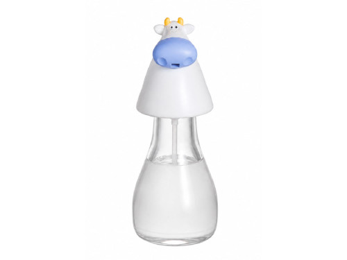 Dispensador de jabón con forma de vaca en color blanco y azul.