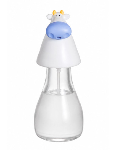 Dispensador de jabón con forma de vaca en color blanco y azul.
