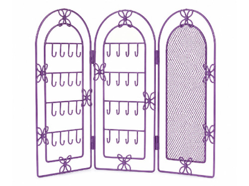 Colgador de bisutería morado de metal con forma de biombo de cuatro paneles.