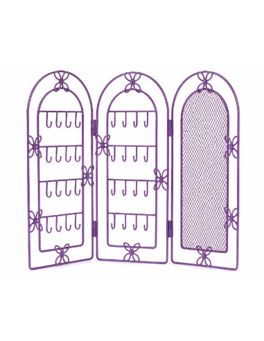 Colgador de bisutería morado de metal con forma de biombo de cuatro paneles.