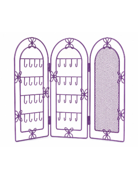 Colgador de bisutería morado de metal con forma de biombo de cuatro paneles.