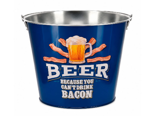 Cubo metálico para enfriar bebidas con diseño cervecero.
