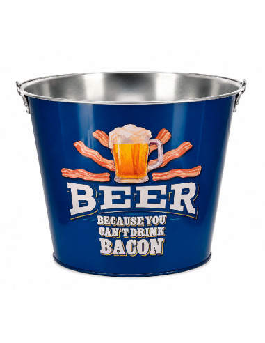 Cubo metálico para enfriar bebidas con diseño cervecero.
